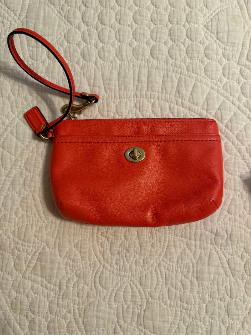 Coach Orange-Red Leather Wristlet with Turn-Lock